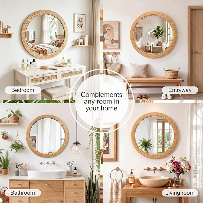30"x30" inch Large Round Rattan Mirror for Wall, Boho Decorative Wicker Mirror Waterproof Synthetic Rattan Frame, for Bathroom, Bedroom, Living Room, Entryway