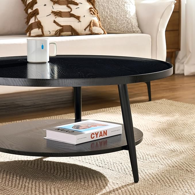 Saint Mossi Black Wood Coffee Table for Living Room, Mid Century Modern Round Coffee Table, 2-Tier Center Table for Small Space, Black, W31xH15