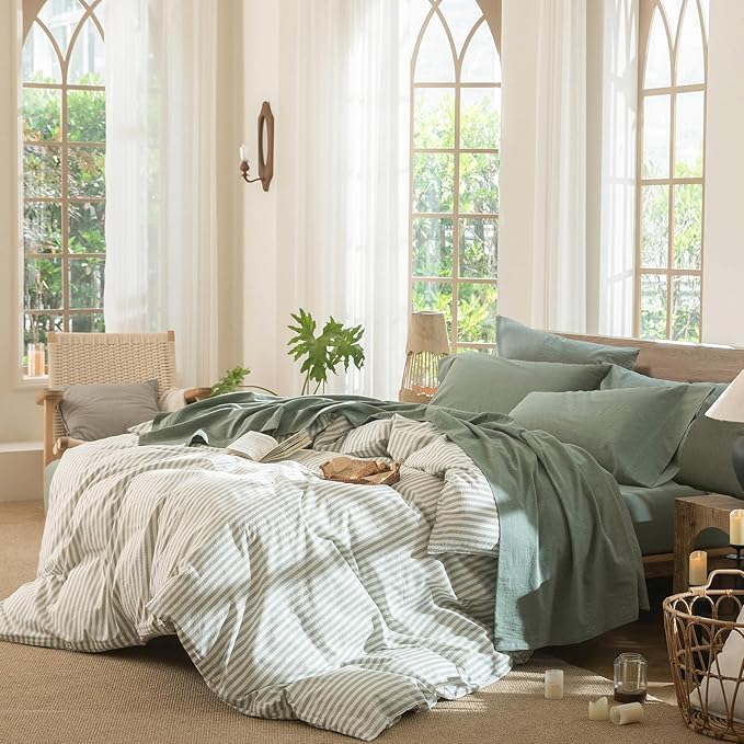 MooMee Bedding Sheet Set 6Pcs 100% Washed Cotton Linen Like Textured Breathable Durable Soft Comfy (Heathered Green, King)