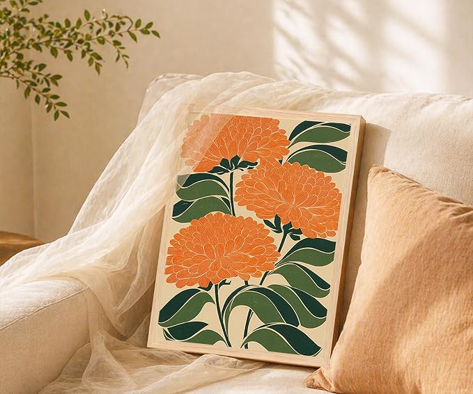 Colorful Art Deco Floral Framed Wall Art Abstract Maximalist Flower Poster Print with Solid Wood Frame, Mid Century Modern Boho Picture Painting Wall Decor for Living Room Bedroom 12x16 Inches