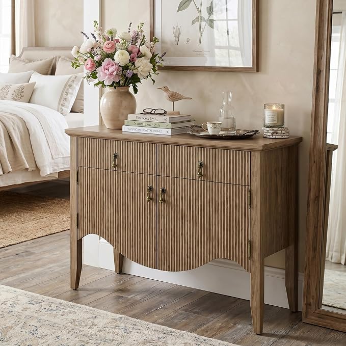 FUSUNBAO 40" Retro Buffet Cabinet with Storage, Fluted Sideboard Credenza with Drawer, Accent Bar Cabinet for Living Room Furniture, Coffee Bar or Entryway, Dining Room, Light Dak