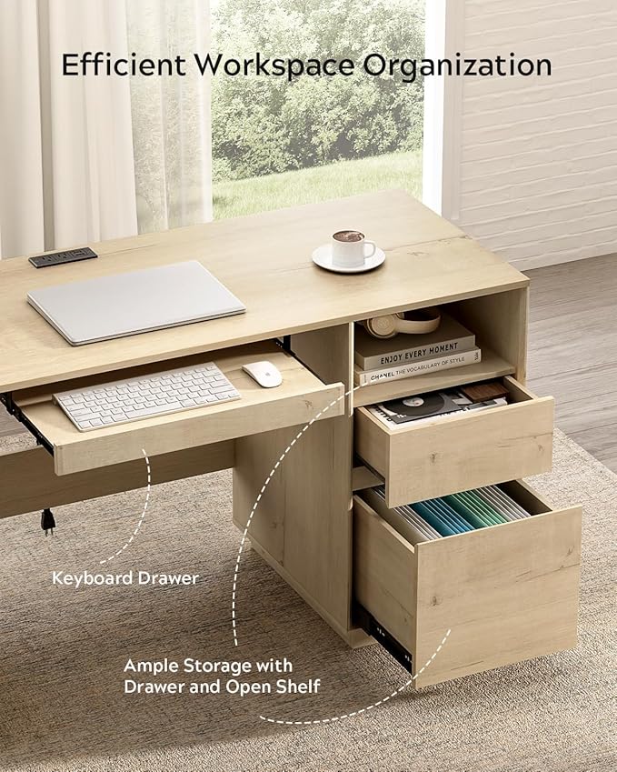 EYYTHUNG Farmhouse Computer Desk, 47" Home Office Desk with File Drawer & Open Storage & Power Outlet, Large Wooden Executive Desk for Study Writing, Light Oak