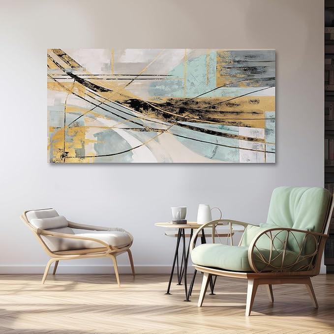 Abstract Wall Art Framed Wall Decor Modern Canvas Abstract Wall Art Black-Gold and Blue Grey Abstract Artwork for Living Room Bedroom Dining Room Home Office Decor 24"x48"