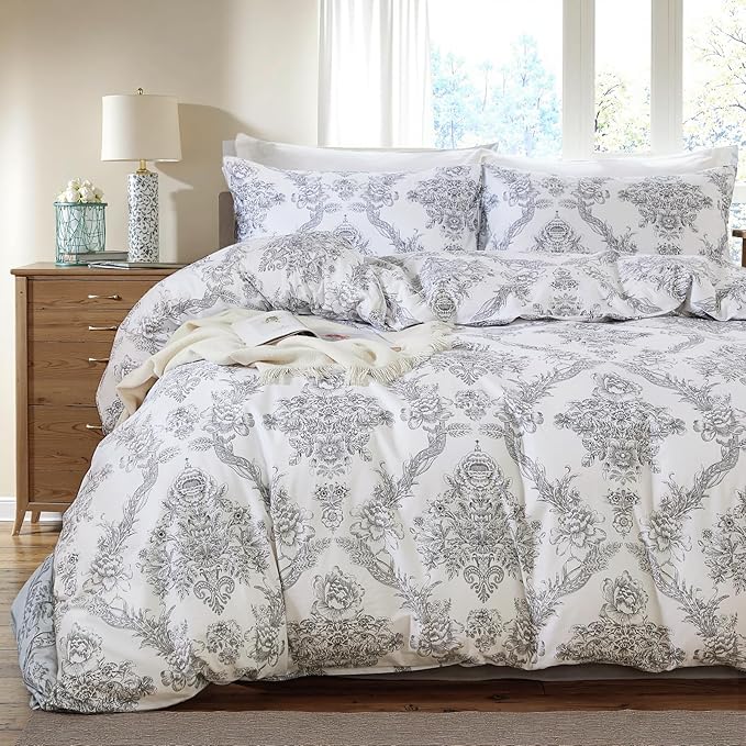 100% Cotton Duvet Cover Set King Size – Elegant Damask Print, Soft & Breathable Bedding with Zipper and Corner Ties, 3-Piece Reversible Comforter Cover Set