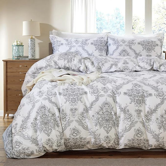 100% Cotton Duvet Cover Set Queen Size – Elegant Damask Print, Soft & Breathable Bedding with Zipper and Corner Ties, 3-Piece Reversible Comforter Cover Set