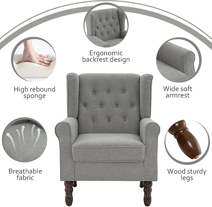 Accent Chair, High Back Upholstered Chair with Button Tufted, Mid-Century Modern Comfy Wingback Chair Reading Armchair in Fabric for Living Room for Bedroom, Office-Light Gray
