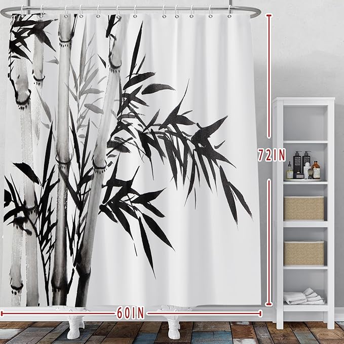 Baocicco Black White Bamboo Shower Curtain Chinese Ink Painting Plant Art Aesthetic Shower Curtains Decorative for Bathroom Waterproof Fabric Shower Curtain with Hooks 60x72 Inches