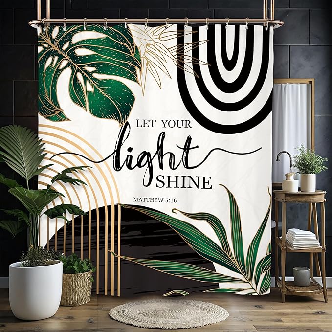 Miyotaa Abstract Emerald Green Minimalist Shower Curtain Set 60Wx71H Inches Minimalist Bible Mid Century Aesthetic Modern Inspirational Plant Leaves Waterproof Bathroom Curtain with 12 Hooks