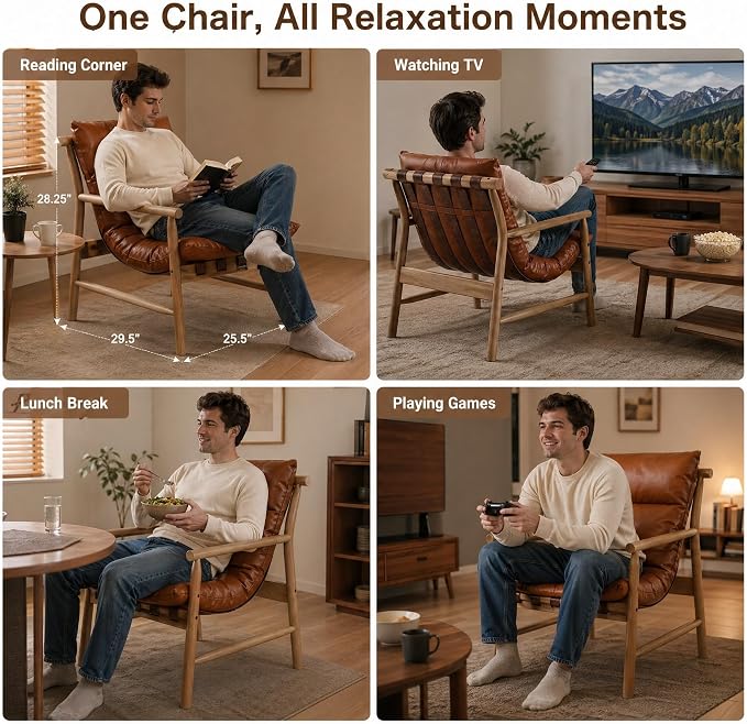 Faux Leather Accent Chair Set of 2 Mid Century Modern Living Room Chairs Comfy Arm Chair with Solid Wood Frame Upholstered Lounge Reading Chair Cozy Recliner for Bedroom/Guest Room, Brown