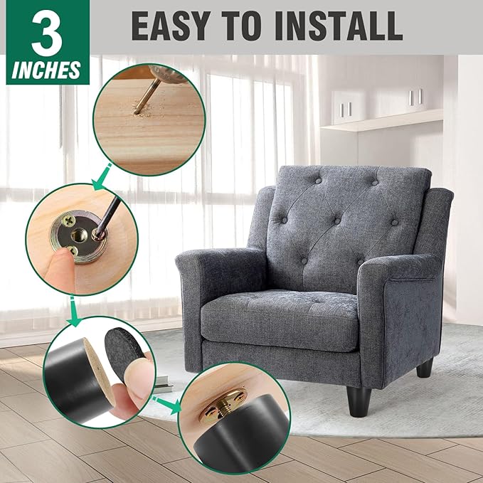 FoDau770 Black Rubber Wood Furniture Legs 3 Inches, Straight Tapered Wood Feet Mid Century Sofa Legs Set of 8, 5/16" UNC Furniture Feet for Cabinet Couch Dresser Chair Ottoman Table
