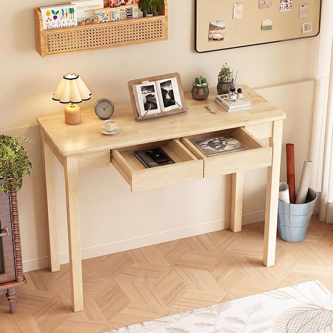 Solid Wooden Desk with Drawers - 39 x 16 Inch Rubberwood Narrow Desks, Simple Modern Study Table, Small Writing Desk for Bedroom|Small Spaces - Natural Boho Desks