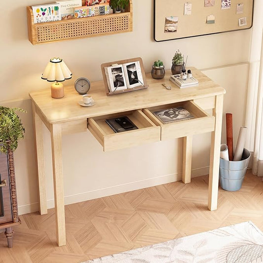 Solid Wooden Desk with Drawers - 39 x 16 Inch Rubberwood Narrow Desks, Simple Modern Study Table, Small Writing Desk for Bedroom|Small Spaces - Natural Boho Desks