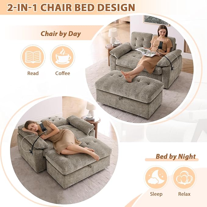 Oversized Chaise Lounge Chair Indoor, Double Convertible Recliner Reading Arm Sofa Chair W/Adjustable Backrest & Charging Port Couch Bed for Living Room, Home Theater & Bedroom, Brown