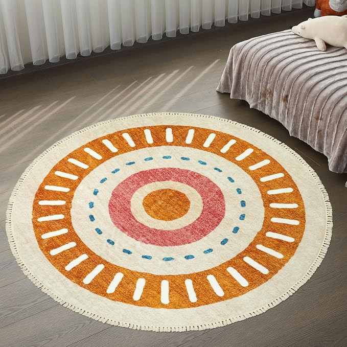 Lukinbox Boho Round Rug - 5ft Sun Washable Area Rug for Living Room, Super Soft Non-Slip Circle Bedroom Rugs, Colorful Rainbow Circular Rugs for Kids Nursery Playroom Dinning Room