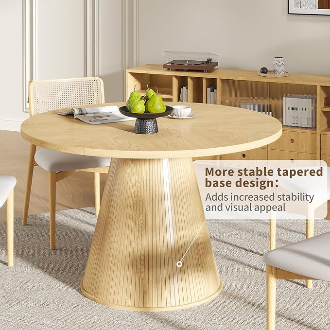 47 inch Round Dining Table for 4-6, Circle Kitchen Table with Sturdy Tapered Base, Mid Century Modern Fluted Dining Tables for Dining Room, Kitchen, Living Room (Wood, 47inch)