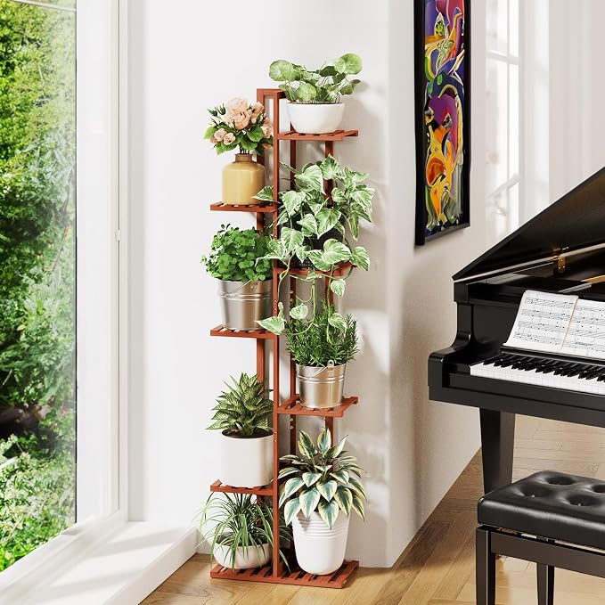 ROSSNY 55 Inch Tall Plant Stand Indoor, 7 Tier 8 Potted Bamboo Plant Stands for Indoor Plants, Corner Plant Stand, Tiered Plant Stands, Plant Shelf For Indoor, Planter Holder for Multiple Plants Indoor, Brown