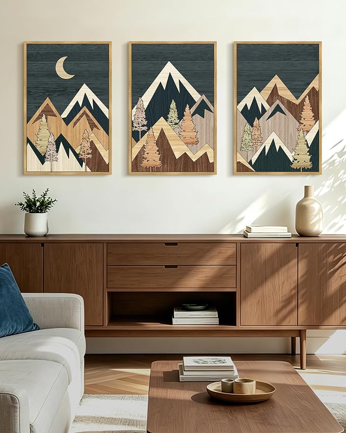 KUVIOKE Morden Mountains Framed Wall Art Boho Pine Tree Forest Nature Landscape Artwork Bohemain Farmhouse Rustic Bedroom Decor 16x24in (Natural Framed)