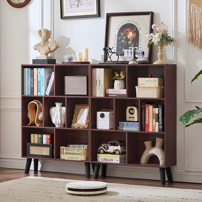 LEYAOYAO 7 Cube Bookshelf 3-Tier Bookcase with Legs, Mint-Walnut Kids Book Shelf Cute Storage Organizer, Toy Shelves Bookshelves,Wood Display Bookcases