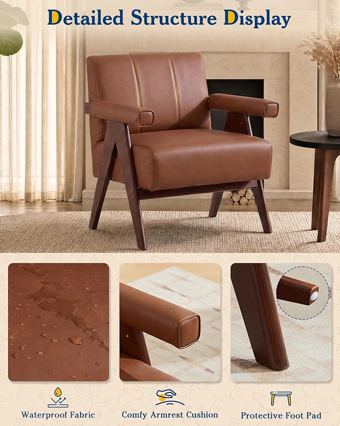 AODAILIHB Mid Century Modern Accent Chair, Solid Wood Frame Brown Leather Armchair, Modern Reading & Living Room Chair for Office Guest & Waiting Room