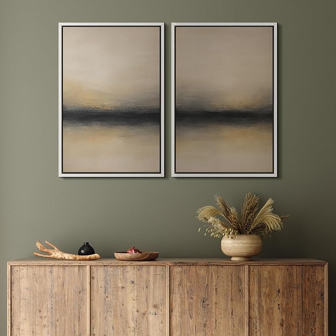 MUDECOR Framed Canvas Print Wall Art Abstract Sunset Horizon Modern Minimalist Beige and Black Illustrations Modern Art Decorative Bohemian Colorful for Living Room, Bedroom, Office - 24"x36"x2 White