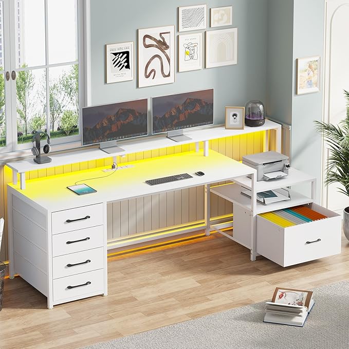 SEDETA White Computer Desk with 5 Drawer & Power Outlet, 66'' Home Office Desk with File Drawer, Storage Shelves, Printer Cabinet and Monitor Shelf, Gaming Desk with Led Lights