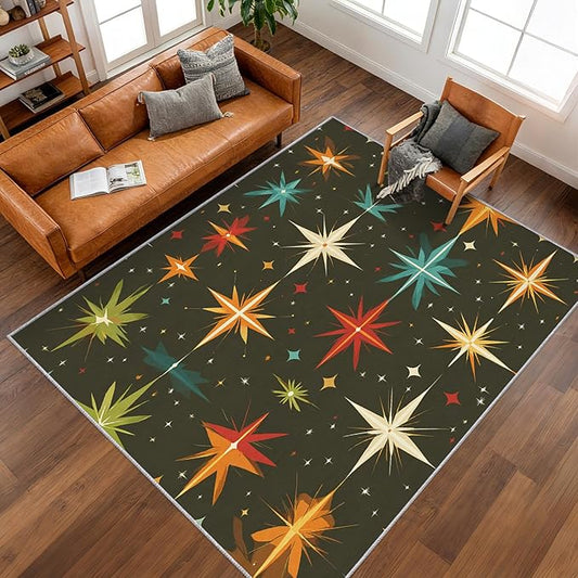 Atomic Rugs for Bedroom 3x4 ft, Abstract Starburst Area Rugs for Living Room, Washable Non Slip Low Pile Mid Century Modern Carpet, Home Decor PF-P 107