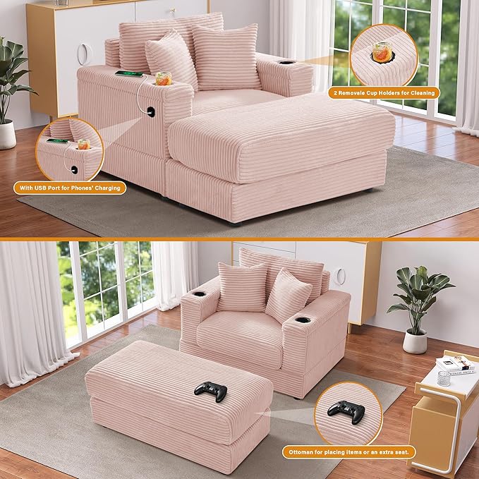Oversized Chaise Lounge Chair Indoor with Adjustable Backrest, USB, Cup Holder & Ottoman, Firm Solid Wood Frame with Long Service Life Corduroy Oversized Lounge Reading Chair for Study Room - Pink