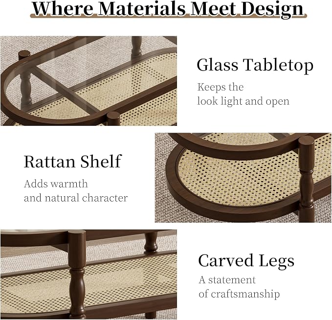 Rattan Coffee Table, Oval Cocktail Table with Glass Top and Solid Wood Frame, Boho Indoor & Outdoor Coffee Table, Walnut, 48 in