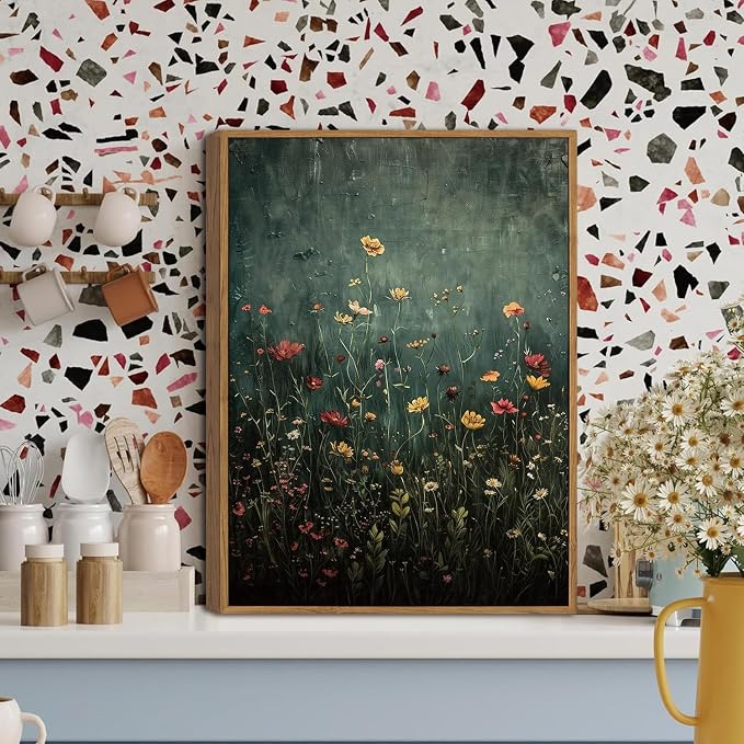 WALLZK Vintage Framed Wall Art Wildflower Canvas Prints Botanical Pictures Green Nature Floral Decor Artwork for Walls Living Room Bedroom Bathroom 8"x10"