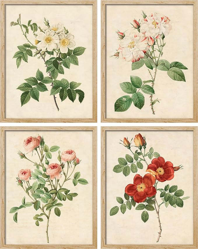 SIGNWIN Framed Vintage Colorful Wildflower Wall Art, Set of 4 Variety Floral Wall Decor Prints, Nature Wilderness Wall D¨¦cor for Living Room, Bedroom - 12"x16" Natural