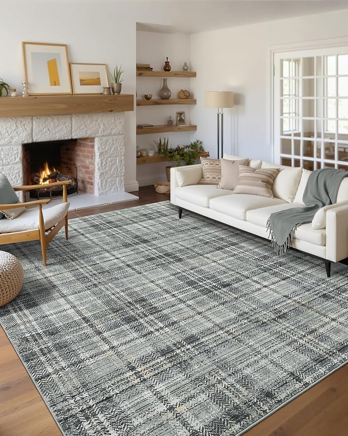 Modern Plaid Washable Rug 8 x 10 Rug for Living Room Soft Farmhouse Tartan Area Rug for Bedroom Non Shedding Non Slip Throw Rugs Stain Resistant Carpet for Nursery Office 8'x10' Greenish Grey