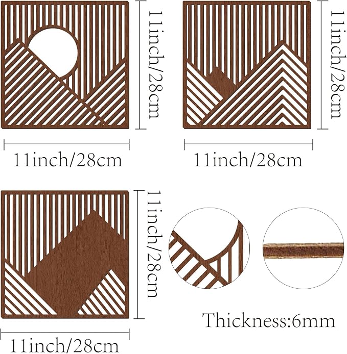 CREATCABIN 3Pcs Wood Line Wall Decor Wooden Geometric Wall Art Decoration Hanging Set Hollowing Out Artwork Modern Mountains Sculpture Laser Cut Wooden Sign Ornament for Home Bedroom 11x11Inch-Coffee