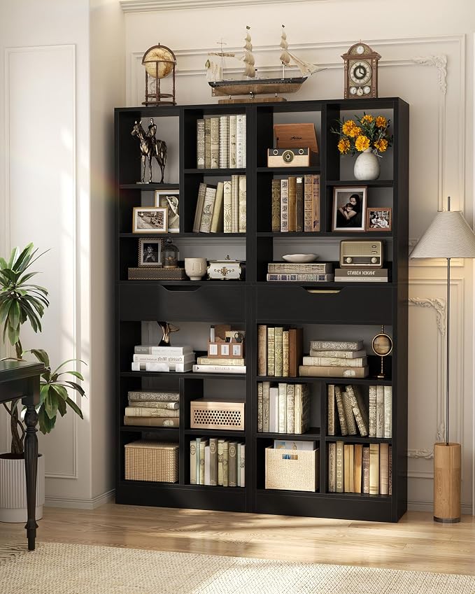 Armocity 16-Tier Tall Bookshelf Set of 2, 73.6" Narrow Freestanding Bookcase with 2 Drawers, Space-Saving Wood Display Shelves Storage for Living Room, Home Office Bedroom, Black