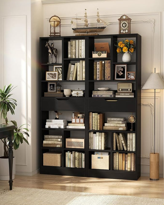 Armocity 16-Tier Tall Bookshelf Set of 2, 73.6" Narrow Freestanding Bookcase with 2 Drawers, Space-Saving Wood Display Shelves Storage for Living Room, Home Office Bedroom, Black