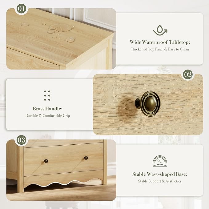 Dresser for Bedroom with 6 Drawers, 44” Tall Modern Wood Dresser Chest of Drawers with Metal Handle, Farmhouse Natural Solid Wooden Dressers Organizer for Living Room, Hallway