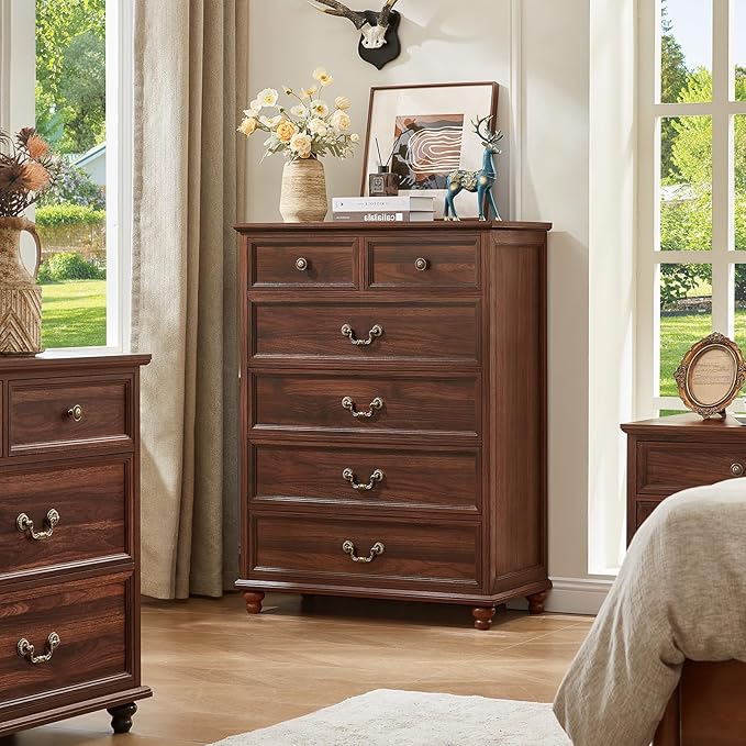 Farmhouse 6 Drawer Dresser Set of 2 for Bedroom, 42" Tall Rustic Chests of Drawers w/ 4 Solid Wood Feet, Mid Century Vintage Wooden Closet Storage Dressers Organizer for Living Room,Brown