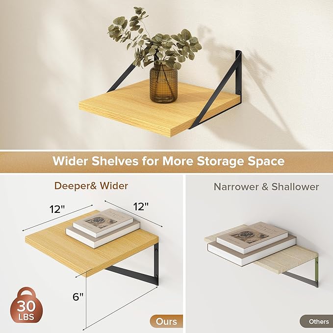 Deep Floating Shelves Wall Mounted, 12"x12" Oak Wall Shelves with Brackets Set of 2 for Bedroom, Living Room, Bathroom, Kitchen, Office - Storage & Display Shelf for Decor, Books, Plants