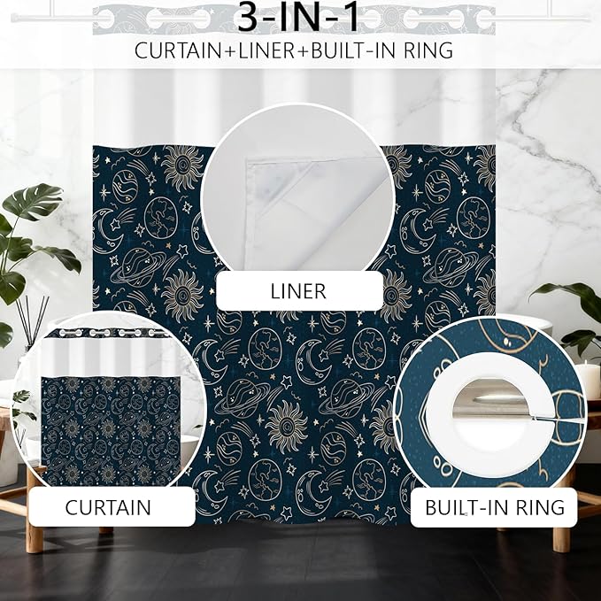 Navy Blue No Hook Shower Curtain with Snap in Liner Set - Galaxy Universe with Sun, Moon and Stars, Waterproof Fabric Double Layers for Kids Bathroom, See Through Top Window, 71x74 Inch