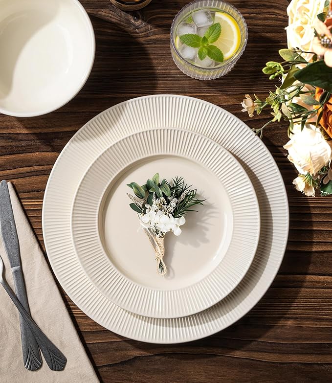 TheTerra Stoneware Dinnerware Sets for 6, 18 Pieces Ceramic Plates and Bowls Sets, Scratch Resistant Embossed Dish Set, Oven, Microwave & Dishwasher Safe, Beige