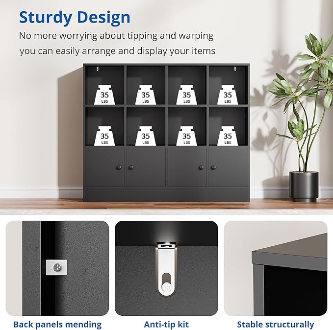 Cozy Castle Black Wood Bookcase, 12 Cube Display Shelf with 4 Doors, 3 Tier Open Bookshelf with Adjustable Shelves for Living Room, Home Office, Entryway