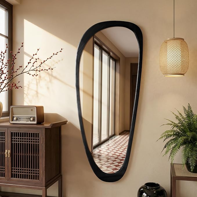 22‘’x48'' Asymmetrical Rustic Wall Mirror for Bathroom Black Wood Frame, Irregular Classic Mirror Farmhouse Vanity Mirror,Mid Century Modern Mirror Decor Living Room, Bedroom, Entryway