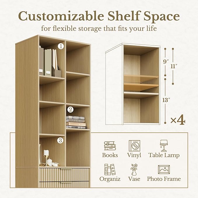 Bookshelf with Drawers, 73 Inches Fluted Tall Bookcase with Doors, Wooden Book Shelf with 4-Tier Storage Shelves for Home Office, Light Walnut
