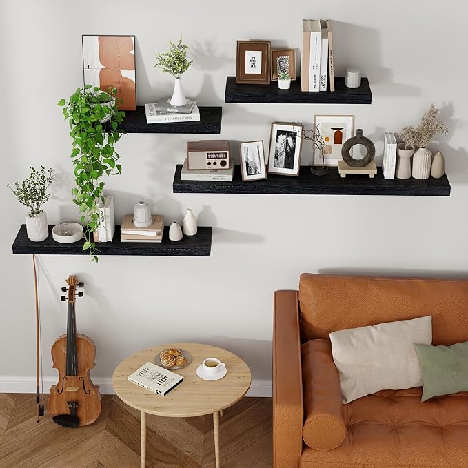 Axeman Floating Shelves, 8 Inch Deep Modern Solid Wood Wall Shelves for Storage, Wall Mounted Display Shelving with Invisible Heavy-Duty Metal Bracket, 48" W x 8" D x 1.6" H, Distressed Black