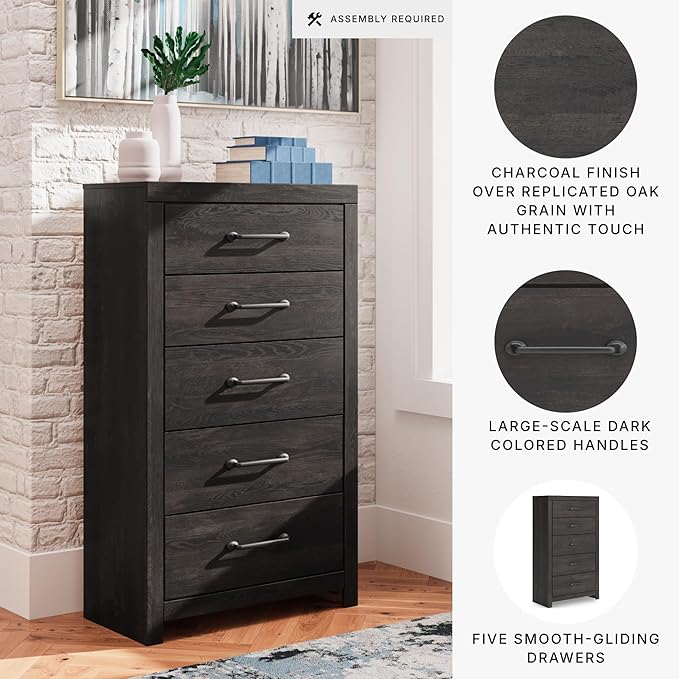 Signature Design by Ashley Delmorta Rustic 5-Drawer Chest of Drawers with Safety Stop, Gray
