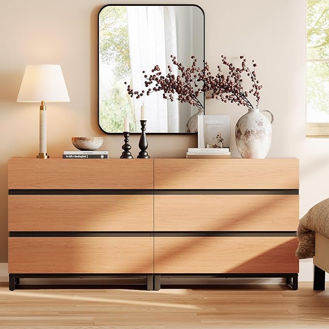 WAMPAT Dresser for Bedroom, Closet Organizers and Storage with 6 Drawers, Chest of Drawers with Metal Base, Modern Wood Dresser for Living Room, Bedroom, Mocha