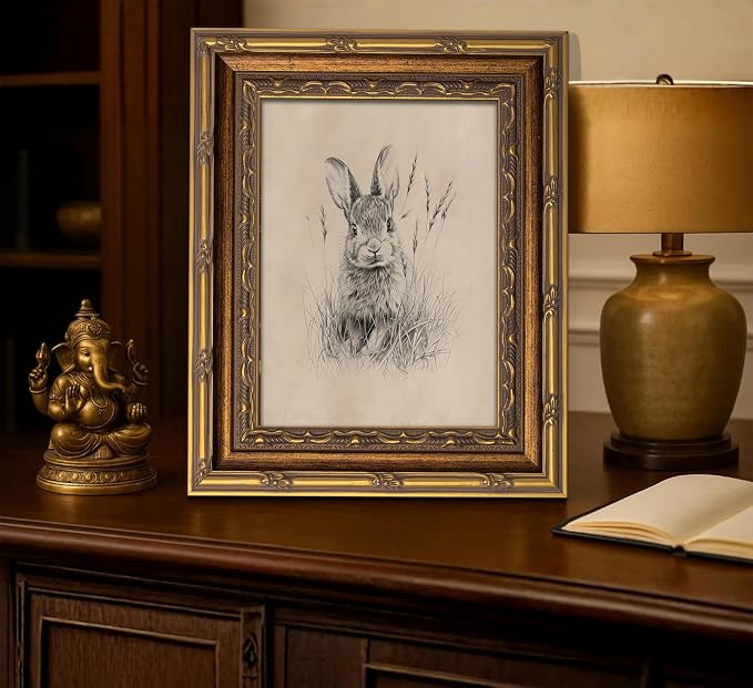 Vintage Gold Framed Easter Bunny Canvas Wall Art Vintage Rabbit Wall Decor Spring Farmhouse Animal Sketch Print Artwork Sketch Rabbit painting Picture for Farmhouse Bedroom Living Room 12X16in
