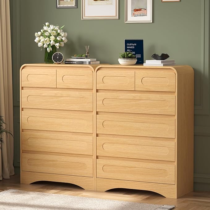 Tall Dresser for Bedroom, Modern Wood Chest of Drawers with Pre-Installed Slides and Curved Edges, 6 Drawer Vertical Storage for Bedroom or Hallway, Natural Oak