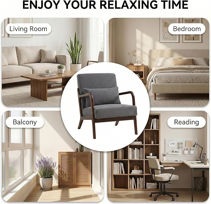 Mid Century Modern Accent Chair, Upholstered Corduroy Armchair with Lumbar Pillow, Solid Rubberwood Frame for Living Room, Bedroom, Waiting Room,Dark Grey
