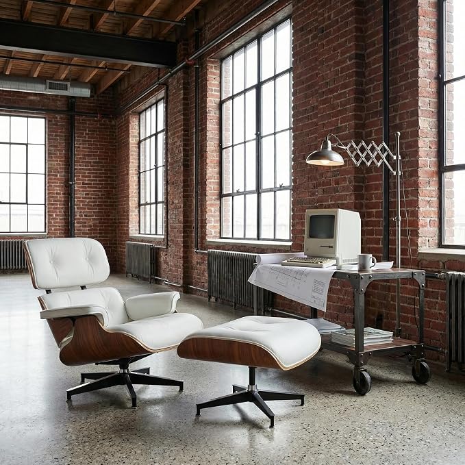 Mid Century Chaise Lounge Chair with Ottoman, Top Black Grain Leather, Modern Office Chair Classic Design, Heavy Duty Base Support for Living Room Study Lounge Office