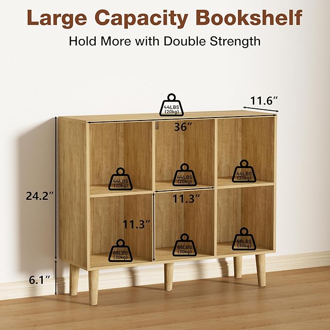 6 Cube Bookcase, Wooden Book Shelf Cube Storage Organizer with Legs, 2 Tier Bookshelf Freestanding Open Shelves for Home Office, Living Room, Bed Room (Oak, 6 Cube Horizontal)